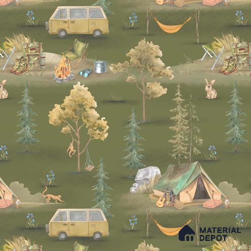 Wildlife Campout in the Jungle, Design for Kids, Green 10 Meter x 19.68 Inches Soft Feel Paper Type Wallpaper -54 Sq. Ft. | Minimum 15% wastage during installation