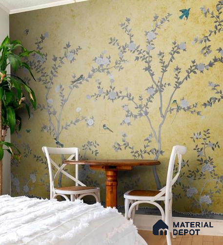 Yellow Aura in the Garden, Luxury Chinoiserie Wallcovering Sukoon Series Canvas Chinoserie Design (Customised Size Wallpaper)