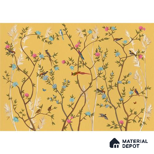 700211 - Yellow Chinoiserie Wallpaper with Flowers and Birds, Customised Sparkla N Shine Series Soft Feel Chinoserie Design (Customised Size Wallpaper)