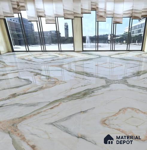 Large Format Endless Floor & Wall Tile TL 10587 Calacatta Oric 8 ft x 4 ft Colour Body Vitrified Glossy Finish - 9 mm | Suitable for Living Room, Bedroom, Bathroom | Adhesive and Spacers Must be Used During Installation