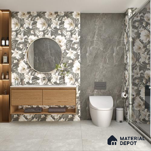 Floral Wall Tile TL 05509 B Lisburn Grey Decor 2 ft x 4 ft Vitrified Lush Plus Matte Finish - 9 mm | 4 Random Design | Suitable for Living Room, Bedroom, Bathroom, Kitchen