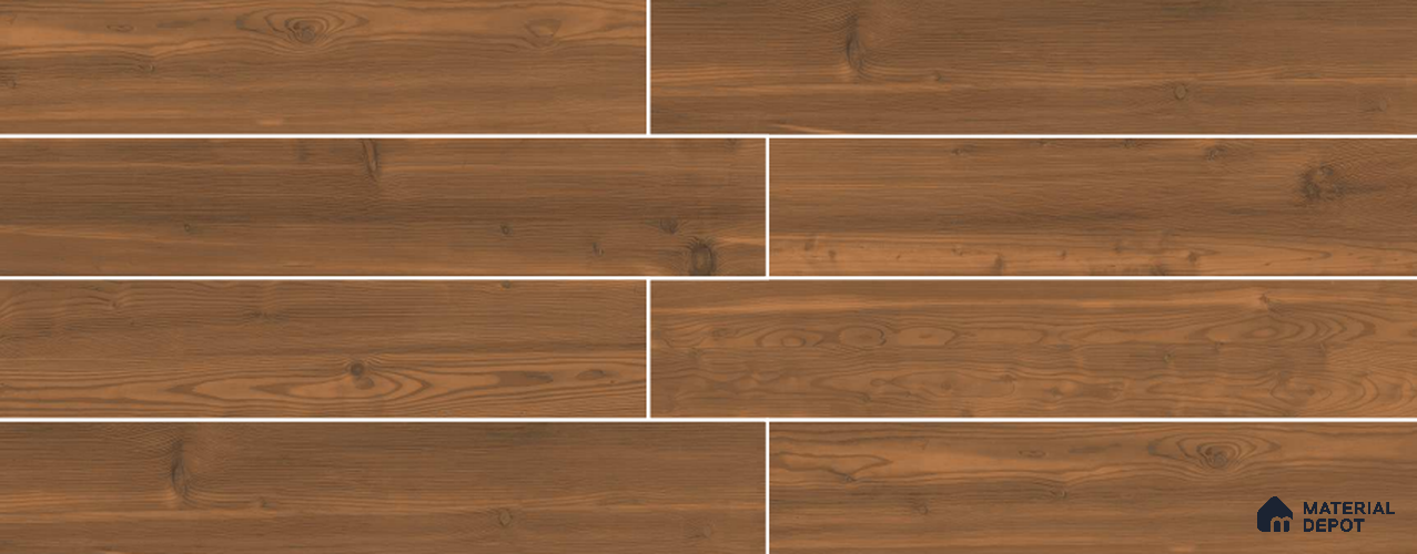Brown Wooden Strip Floor & Wall Tile TL 09142 Grainor Spatula Brown 4 ft x 8 Inch Vitrified Carving Matte Finish - 9 mm | Suitable for Living Room, Bedroom, Foyer, Dining | 2-3 mm Spacer is Mandatory