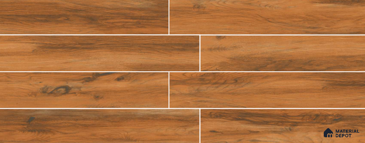 Brown Wooden Strip Floor & Wall Tile TL 09136 Grainor Dacota Pine 4 ft x 8 Inch Vitrified Carving Matte Finish - 9 mm | Suitable for Living Room, Bedroom, Foyer, Dining | 2-3 mm Spacer is Mandatory