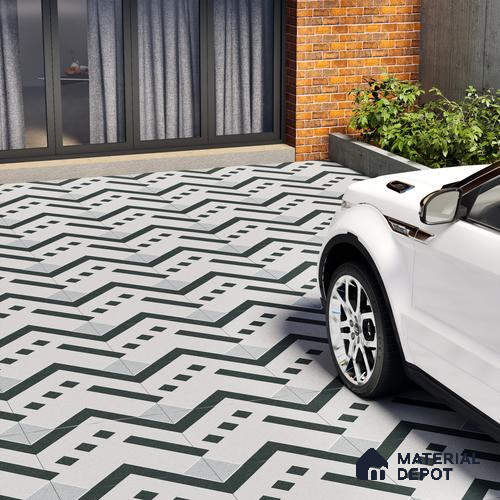 Parking Floor Tile TL 03385 A Tetris Charcoal 16 x 16 inch Anti Slip Matte Finish Heavy Duty Vitrified Tile - 12 mm | Suitable For Garage, Driveway, Terrace | Pattern Alignment May Vary | 2-3 mm Spacer is Mandatory