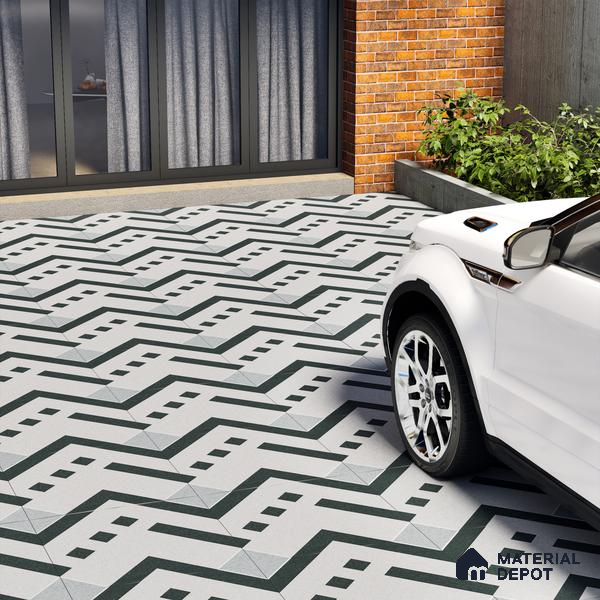 Parking Floor Tile TL 03385 A Tetris Charcoal 16 x 16 inch Anti Slip Matte Finish Heavy Duty Vitrified Tile - 12 mm | Suitable For Garage, Driveway, Terrace | Pattern Alignment May Vary | 2-3 mm Spacer is Mandatory