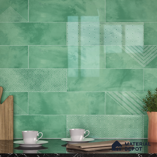 Subway Wall Tile TL 06427 P Eterna Emerald Green 12 x 4 inch Ceramic Glossy Finish - 8 mm | 24 Random Design | Suitable for Accent / Feature Walls, Bathroom, Kitchen Wall & Backsplashes