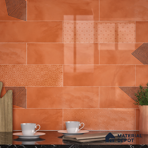 Subway Wall Tile TL 06427 V Eterna Tangerine Orange 12 x 4 inch Ceramic Glossy Finish - 8 mm | 24 Random Design | Suitable for Accent / Feature Walls, Bathroom, Kitchen Wall & Backsplashes