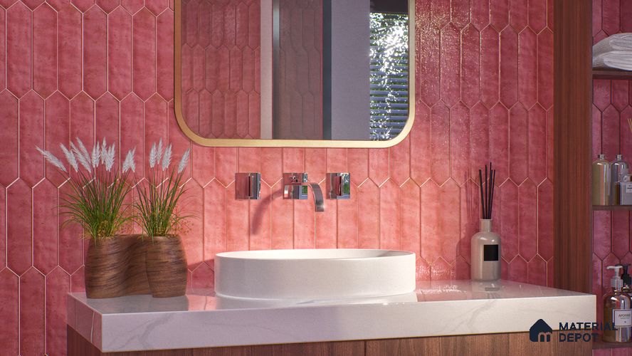 Subway Wall Tile TL 06163 C Cavalier Picket Rose Glow 12 x 3 inch Ceramic Glossy Finish - 10 mm | 16 Random Design | Suitable for Accent / Feature Walls, Bathroom, Kitchen Wall & Backsplashes