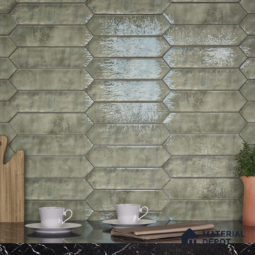 Subway Wall Tile TL 06163 E Cavalier Picket Green Luster 12 x 3 inch Ceramic Glossy Finish - 10 mm | 16 Random Design | Suitable for Accent / Feature Walls, Bathroom, Kitchen Wall & Backsplashes