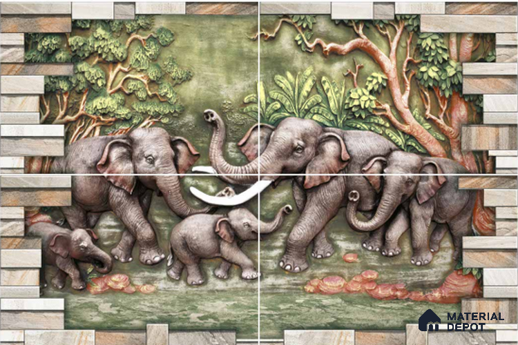 TL 04489 Divine Elephants 450x300 mm Sugar Finish Ceramic Elevation Wall Tile Poster Set (4 Pcs) - 9 mm