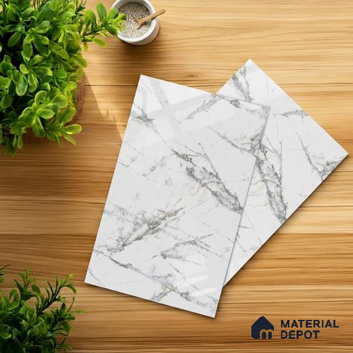 White Marble Look LM 03866 8 ft x 4 ft High Gloss Finish Decorative Laminate - 1 mm | Suitable for TV Unit, Wardrobe, Kitchen Cabinets