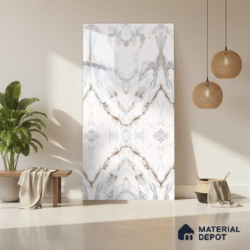 White Marble Look LM 20135 8 ft x 4 ft Glossy Finish Decorative Laminate - 1 mm | Suitable for TV Unit, Wardrobe, Kitchen Cabinets