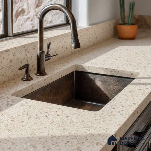 Belina Quartz QR 00162 Sienna Terrazzo Value Series 10.5 ft x 5.25 ft Quartz - 20 mm | 5 Years Warranty | Suitable for Kitchen, Restaurant, Counter Tops, Dining, Reception, office
