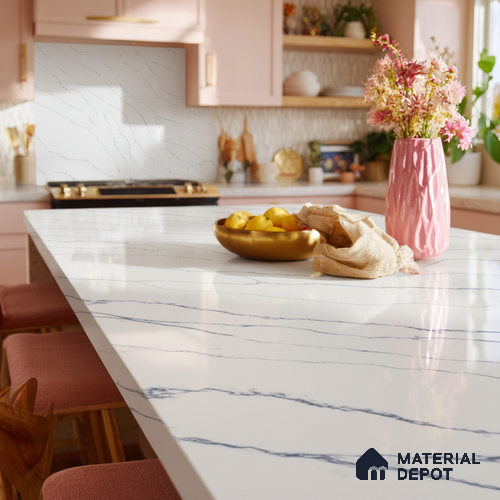Belina Quartz QR 00032 Arctic Veil Regalia Series 11.42 ft x 6.58 ft Quartz - 20 mm | 10 Years Warranty | Suitable for Kitchen, Restaurant, Counter Tops, Dining, Reception, office