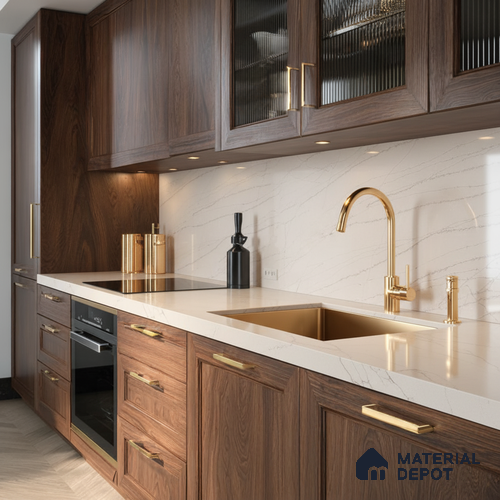 Belina Quartz QR 00004 B Serene Calacatta Viola Series 10.76 ft x 2.72 ft Quartz - 20 mm | 7 Years Warranty | Suitable for Kitchen, Restaurant, Counter Tops, Dining, Reception, office