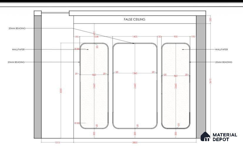 Forest Arch Groove Wall 8.7 ft x 4.6 ft HDHMR Panel - 17 mm (It consists 6 panels (3 front and 3 back panels 840 mm width | 2140 mm Length ) among those wallpaper panel size is 9.8 ft length and 3.2 Width) | (with 6 Flate Beading) | (12 Corner Round Beading)