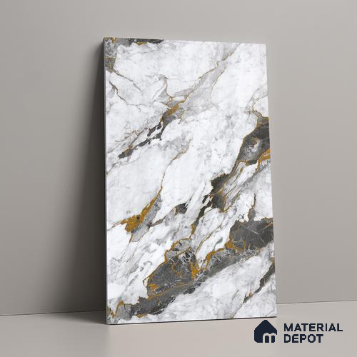 White Marble Look LM 23344 Goldine Ravine 8 ft x 4 ft High Gloss Finish 6H Anti Scratch Acrylic Laminate - 1.5 mm | Suitable for Kitchen Cabinet, TV Unit, Wardrobe
