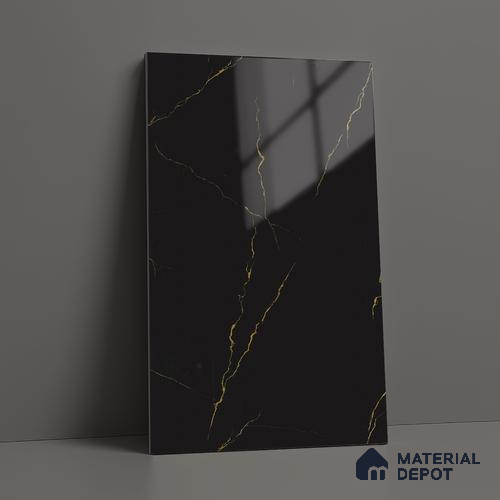 Black Marble Look LM 23347 Golden Rift 8 ft x 4 ft High Gloss Finish 6H Anti Scratch Acrylic Laminate - 1.5 mm | Suitable for Kitchen Cabinet, TV Unit, Wardrobe