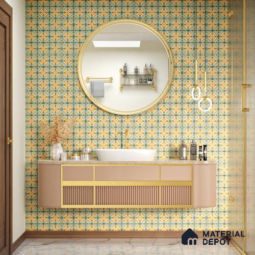 Moroccan Floor & Wall Tile TL 07313 Golden Lattice 1 ft x 1 ft Ceramic Matte Finish - 9 mm | Suitable For Kitchen, Bathroom, Living Area | Please Expect a Slight Variation of Pattern