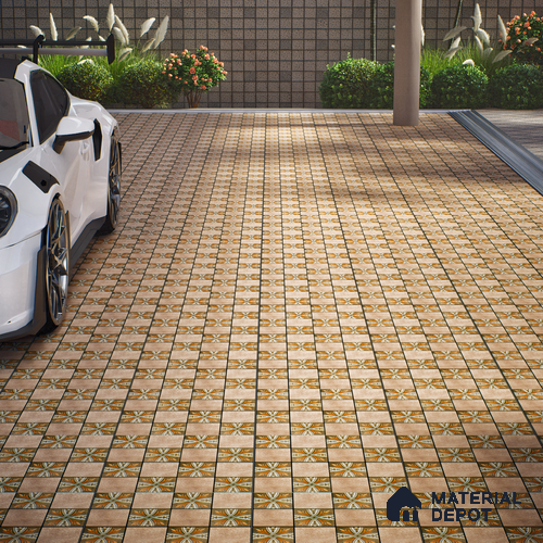 Parking Floor Tile TL 00417 Floral Brown 16 x 16 inch Vitrified Anti Skid Matte Finish Heavy Duty Tile - 12 mm | Suitable For Balcony, Terrace, Pathways | Pattern Alignment May Vary | 2-3 mm Spacer is Mandatory