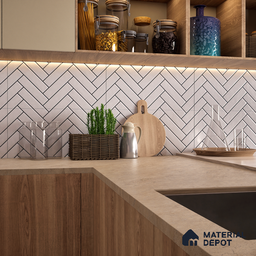 Faux Subway Wall Tile TL 04684 Herringbone Solara Echo White 2 ft x 1 ft Ceramic Glossy Finish - 9 mm | Suitable For Kitchen, Bathroom Walls and Backsplashes | Please Expect a Slight Variation of Pattern