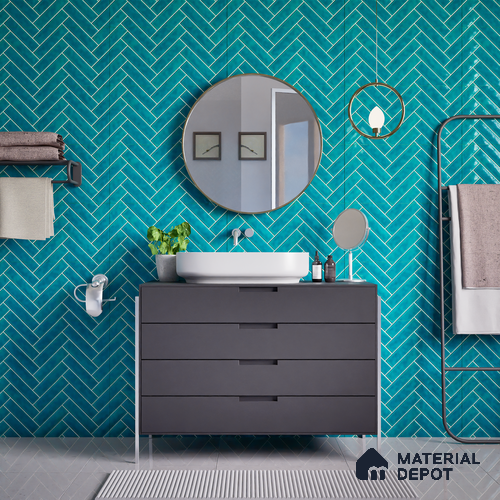 Faux Subway Wall Tile TL 04684 G Herringbone Solara Cobalt Blue 2 ft x 1 ft Ceramic Glossy Finish - 9 mm | Suitable For Kitchen, Bathroom Walls and Backsplashes | Please Expect a Slight Variation of Pattern