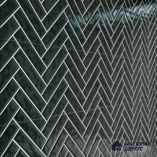 Faux Subway Wall Tile TL 04684 L Herringbone Solara Noir Black 2 ft x 1 ft Ceramic Glossy Finish - 9 mm | Suitable For Kitchen, Bathroom Walls and Backsplashes | Please Expect a Slight Variation of Pattern