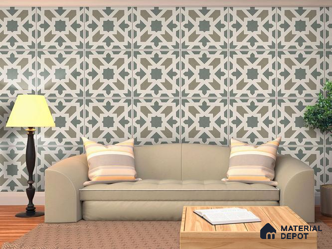 Moroccan Floor Tile TL 09460 Chevron Green 2 ft x 2 ft Fusion Finish Vitrified Tile - 9 mm | 1 Random Design | Suitable For Living Room, Bedroom, Bathroom | Please Expect a Slight Variation of Pattern