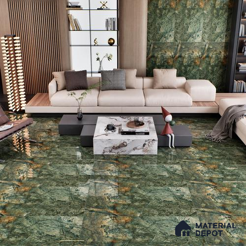 Green Marble Floor & Wall Tile TL 07054 Gravier  2 ft x 4 ft Vitrified High Gloss Finish - 9 mm | 6 Random Design | Suitable for Living Room, Bedroom, Bathroom