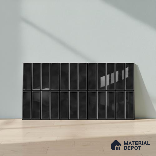 Faux Subway Wall Tile TL 04687 J Vertiline Brick Solara Velvet Black 2 ft x 1 ft Ceramic Glossy Finish - 9 mm | Suitable For Kitchen, Bathroom Walls and Backsplashes | Please Expect a Slight Variation of Pattern