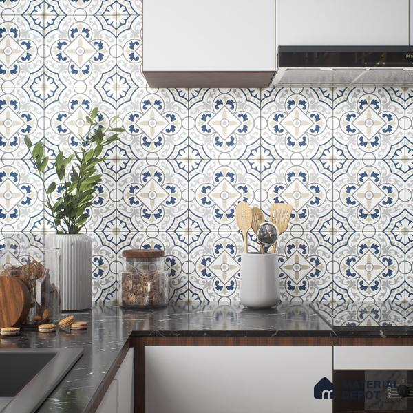 Moroccan Floor & Wall Tile TL 04352 Grey & Blue 1 ft x 1 ft Matte Finish Ceramic Tile - 9 mm | Suitable For Kitchen, Bathroom, Dining Area | Please Expect a Slight Variation of Pattern