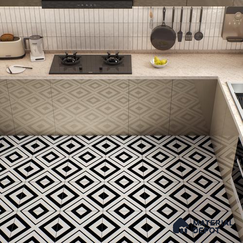 Moroccan Floor & Wall Tile TL 00252 Monochrome Cross 1 ft x 1 ft Matte Finish Ceramic Tile - 9 mm | Suitable For Kitchen, Bathroom, Dining Area | Please Expect a Slight Variation of Pattern
