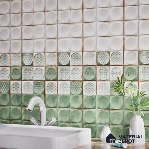 Faux Subway Wall Tile TL 04918 D Esfera Decor 2 Circle Satvario Verde 1 ft x 1 ft Ceramic Matte Finish - 9 mm | Suitable for Highlighter Walls, Foyer, Bathroom, Kitchen Wall & Backsplashes | Please Expect a Slight Variation of Pattern