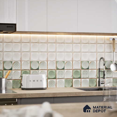 Faux Subway Wall Tile TL 04918 D Esfera Decor 2 Circle Satvario Verde 1 ft x 1 ft Ceramic Matte Finish - 9 mm | Suitable for Highlighter Walls, Foyer, Bathroom, Kitchen Wall & Backsplashes | Please Expect a Slight Variation of Pattern