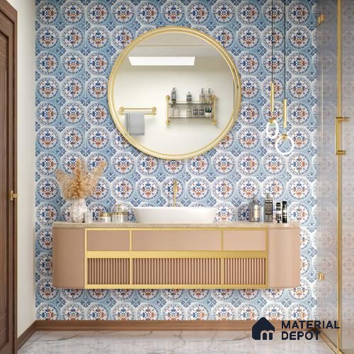 Moroccan Wall & Floor Tile TL 04919 Base & Bloom Cocoa Azul 1 ft x 1 ft Ceramic Matte Finish - 9 mm | Suitable for Bathroom, Kitchen, Dining Area | Please Expect a Slight Variation of Pattern