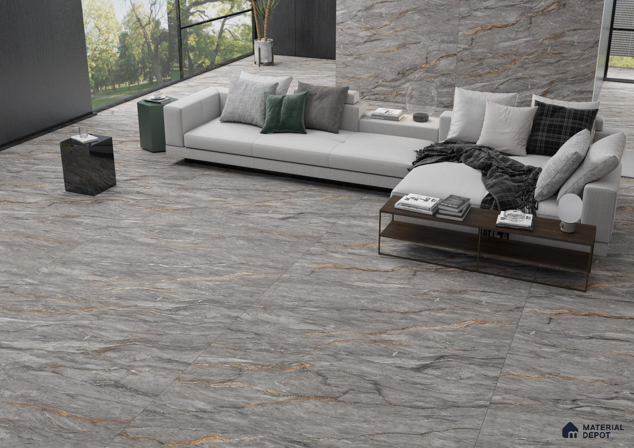 Modern Living Room with Elegant Grey Marble Tiles | Material Depot