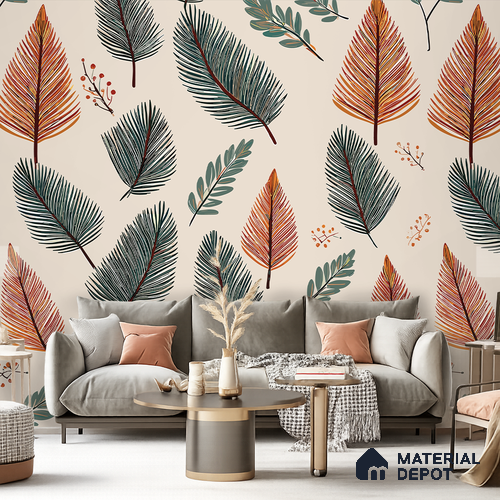 Beige Scandinavian Style Leaf Abstract Serenity Art | WP 03930 Non Woven Matte Finish Tropical Style Premium Customized size Wallpaper | 150 GSM WP01MTF Paper | (MOQ = 30 Sq. Ft.)
