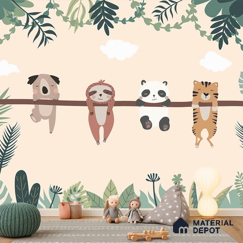 Everyone Rests Together Animals Hanging From Branch | WP 04044 Canvas Texture Finish Animal Print Style luxurious Customized size Wallpaper | 250 GSM WP01CNF Paper | (MOQ = 30 Sq. Ft.) | Design change not possible