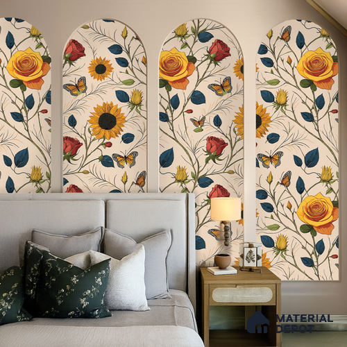 Beige Floral Roses Sunflowers with Butterflies Artistic Charm Designer | WP 03929 B Canvas Texture Finish Florals Style luxurious Customized size Wallpaper | 250 GSM WP01CNF Paper | (MOQ = 30 Sq. Ft.)