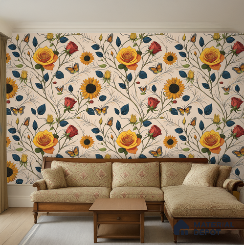 Beige Floral Roses Sunflowers with Butterflies Artistic Charm Designer | WP 03929 B Canvas Texture Finish Florals Style luxurious Customized size Wallpaper | 250 GSM WP01CNF Paper | (MOQ = 30 Sq. Ft.)
