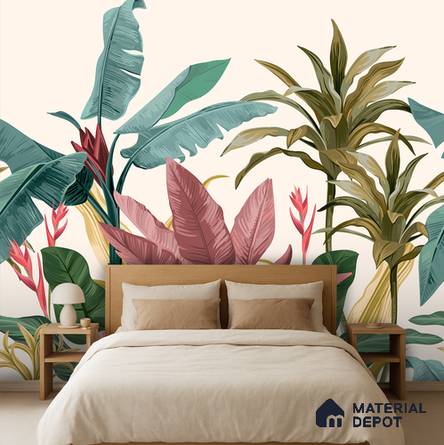 Cream Artistic Leaf Motif Botanical Wall Art | WP 03932 Non Woven Matte Finish Tropical Style Premium Customized size Wallpaper | 150 GSM WP01MTF Paper | (MOQ = 30 Sq. Ft.)