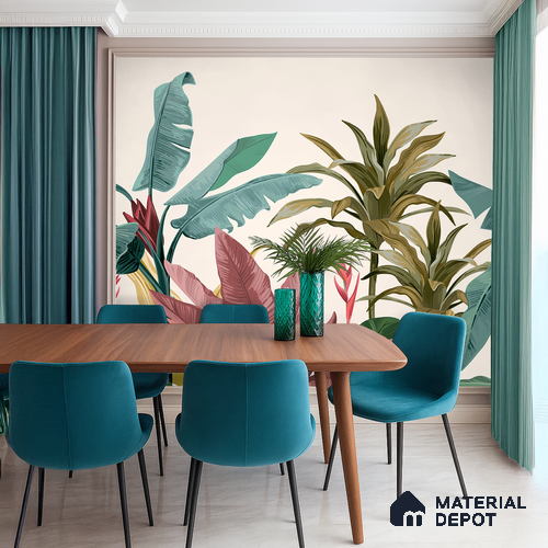 Cream Artistic Leaf Motif Botanical Wall Art | WP 03932 B Canvas Texture Finish Tropical Style luxurious Customized size Wallpaper | 250 GSM WP01CNF Paper | (MOQ = 30 Sq. Ft.)