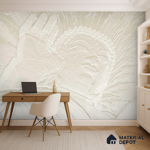 Gesture of Infinite Compassion Mystic Stone Buddha | WP 04097 Non Woven Matte Finish Indian Style Premium Customized size Wallpaper | 150 GSM WP01MTF Paper | (MOQ = 30 Sq. Ft.)