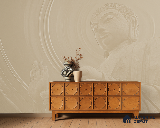 Whisper of Enlightenment Mystic Stone Buddha | WP 04095 Non Woven Matte Finish Indian Style Premium Customized size Wallpaper | 150 GSM WP01MTF Paper | (MOQ = 30 Sq. Ft.)