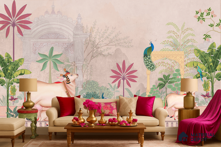 Pichwai Courtyard Life Ornamental Blossom Frame | WP 04178 Non Woven Matte Finish Tropical,Pichwai Style Premium Customized size Wallpaper | 150 GSM WP01MTF Paper | (MOQ = 30 Sq. Ft.) | Design change not possible