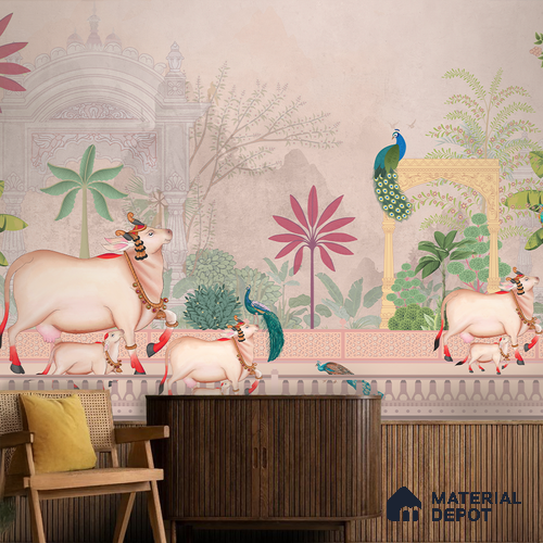 Pichwai Courtyard Life Ornamental Blossom Frame | WP 04178 B Canvas Texture Finish Tropical,Pichwai Style luxurious Customized size Wallpaper | 250 GSM WP01CNF Paper | (MOQ = 30 Sq. Ft.) | Design change not possible