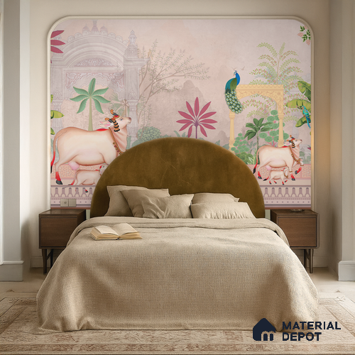 Pichwai Courtyard Life Ornamental Blossom Frame | WP 04178 B Canvas Texture Finish Tropical,Pichwai Style luxurious Customized size Wallpaper | 250 GSM WP01CNF Paper | (MOQ = 30 Sq. Ft.) | Design change not possible