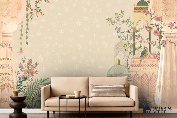 Whispers Inside the Jharokha Pastel Arch With Woman | WP 04110 Non Woven Matte Finish Indian Style Premium Customized size Wallpaper | 150 GSM WP01MTF Paper | (MOQ = 30 Sq. Ft.)