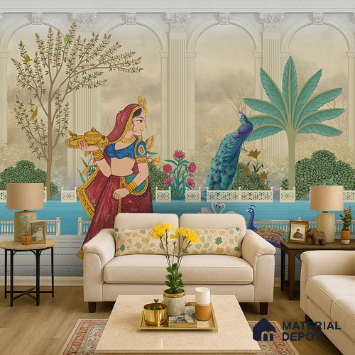 Rajangan - Palace Garden Murals Saffron Print | WP 04172 B Canvas Texture Finish Indian Style luxurious Customized size Wallpaper | 250 GSM WP01CNF Paper | (MOQ = 30 Sq. Ft.) | Design change not possible