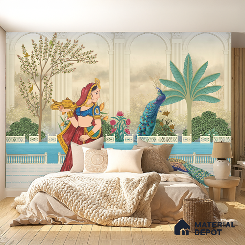 Rajangan - Palace Garden Murals Saffron Print | WP 04172 B Canvas Texture Finish Indian Style luxurious Customized size Wallpaper | 250 GSM WP01CNF Paper | (MOQ = 30 Sq. Ft.) | Design change not possible